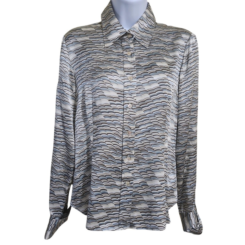Lafayette 148 New York Silk Blouse Womens 6P Blue Tan Geometric Button Up Shirt